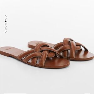 Mango Brown Leather Slide Strap Sandals